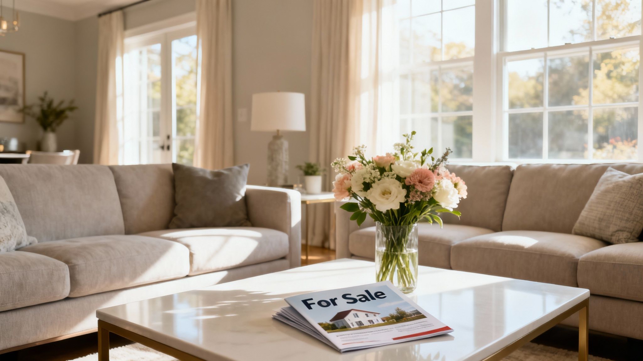 A bright, staged living room with light sofas, a flower vase, and a 'For Sale' brochure on a coffee table.