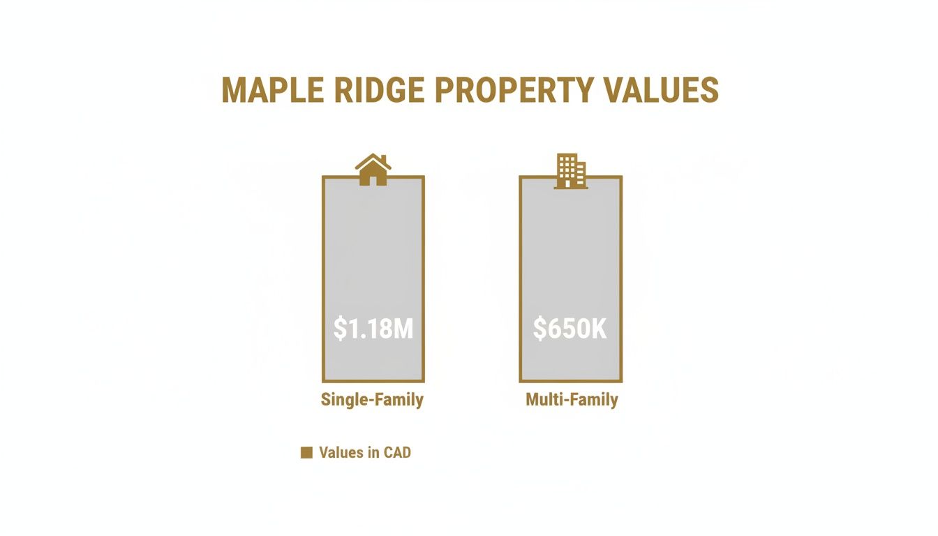 Bar chart comparing Maple Ridge property values: single-family homes at $1.18M and multi-family at $650K in CAD.