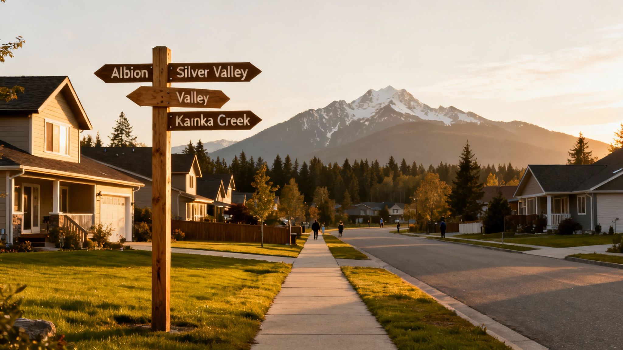 A scenic suburban street with houses, a directional signpost, and snow-capped mountains at sunset.