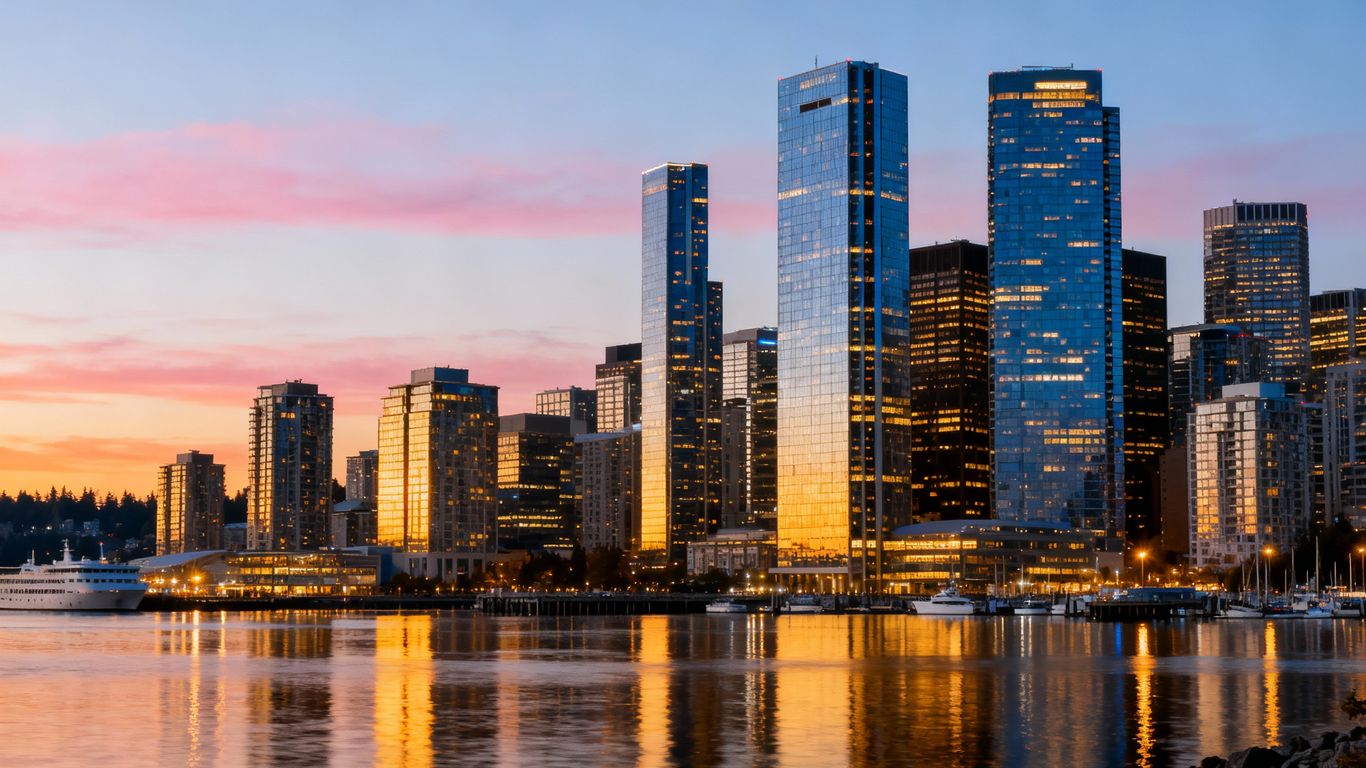 Vancouver skyline with illuminated skyscrapers at dusk.