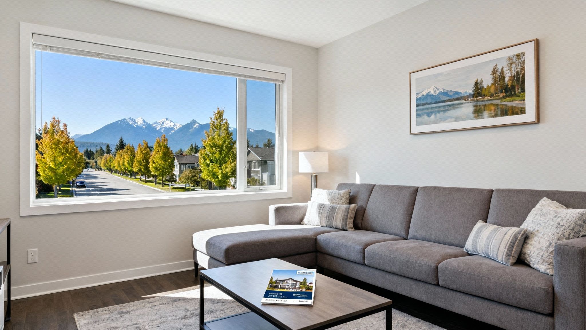 A comfortable living room with a large window displaying a scenic view of autumn trees and snow-capped mountains.