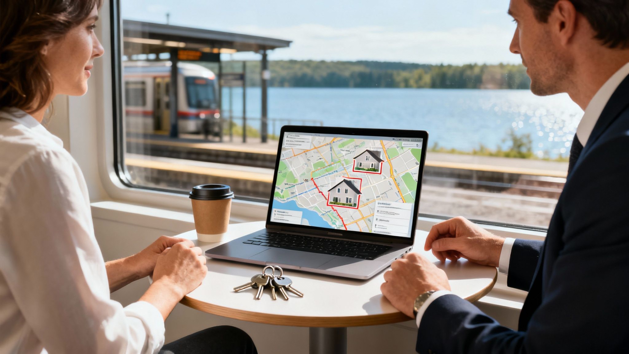 Couple on a train viewing a real estate map on a laptop with keys and coffee on the table.