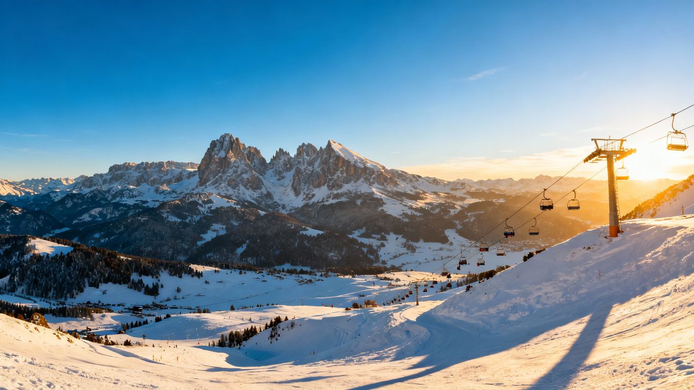 Snowy mountains and ski resort with a ski lift.