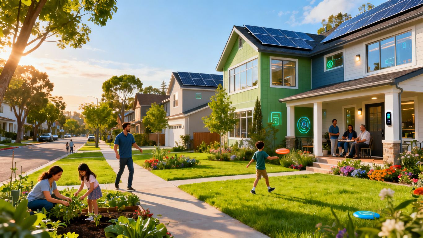 Modern, connected suburban homes with green spaces and families.