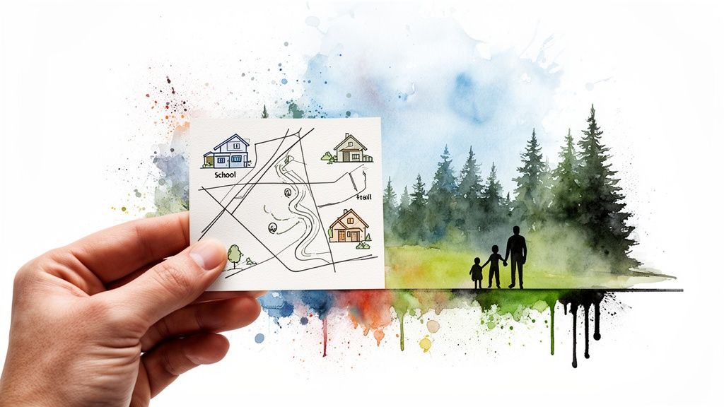 A hand holds a drawn map with houses and school, merging with a watercolor family scene.