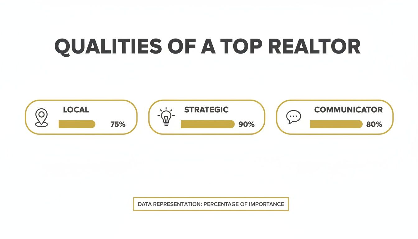 Infographic displaying qualities of a top realtor: Local (75%), Strategic (90%), and Communicator (80%).
