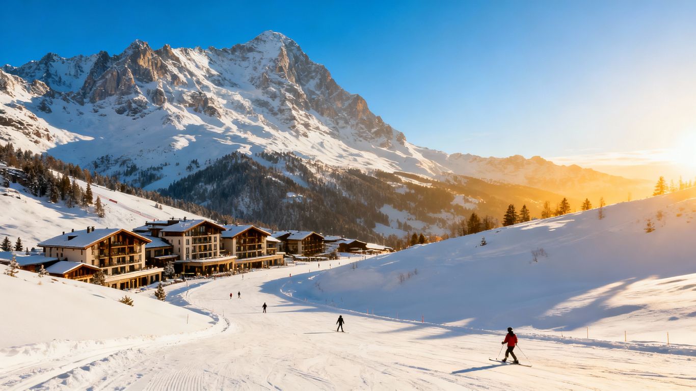 Mountain ski resort with snowy slopes and skiers.