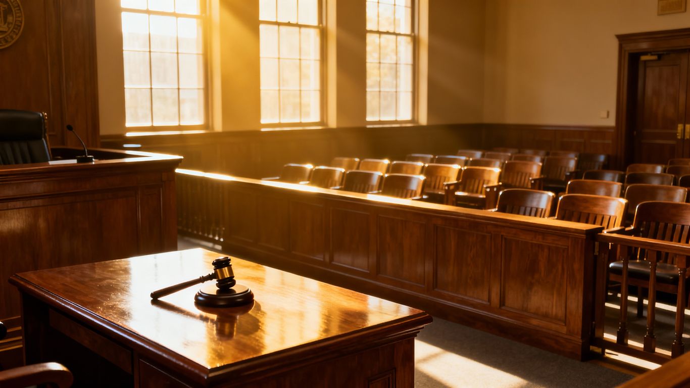 Courtroom scene with gavel on judge's bench.
