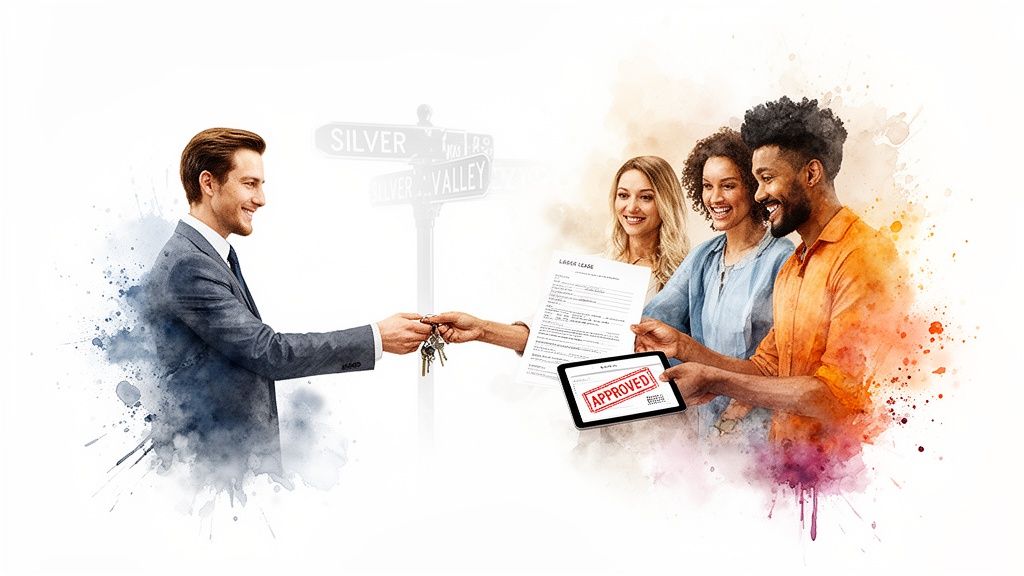 Happy clients receive keys and an approved lease from a smiling property manager.