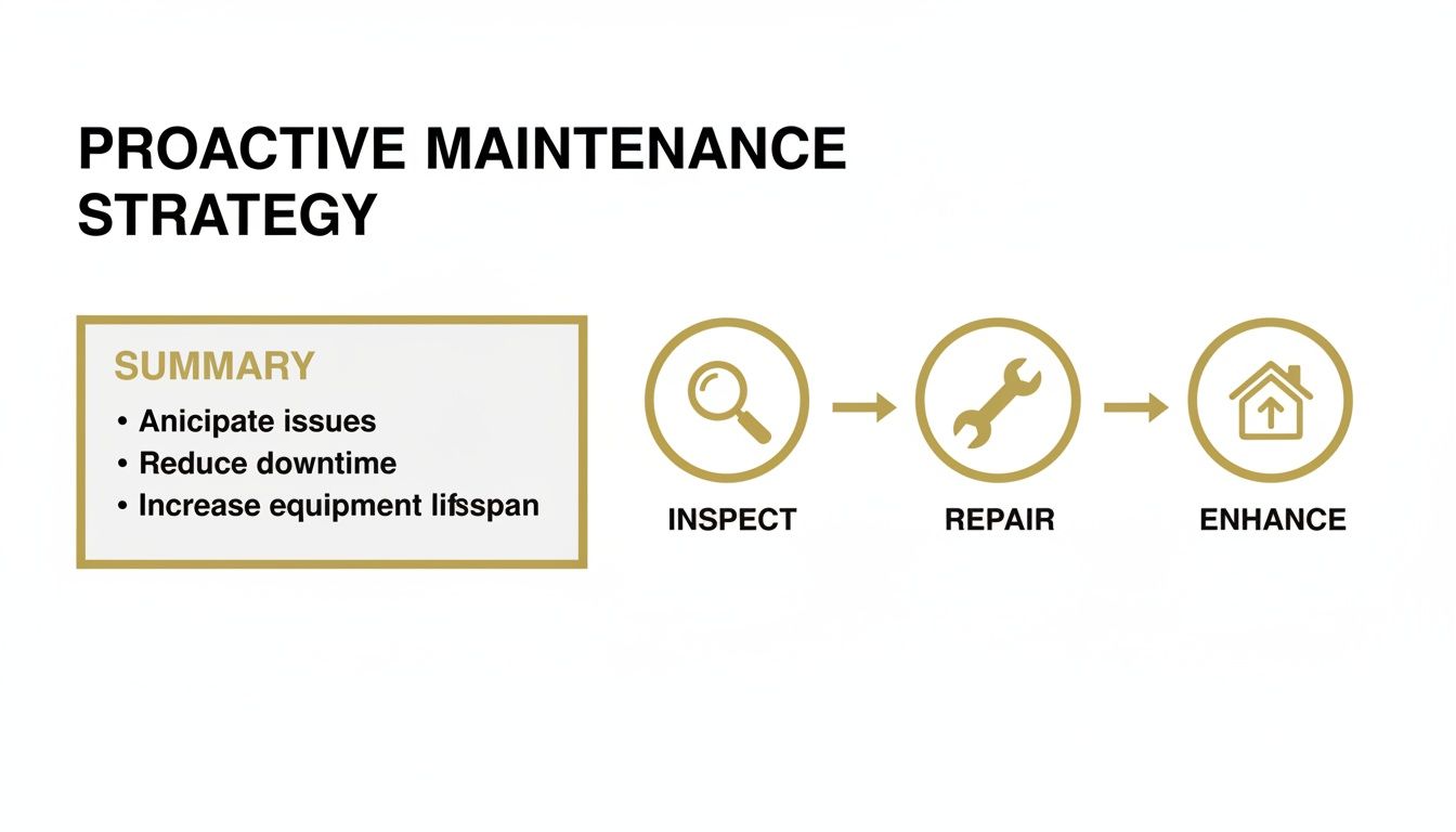 A diagram illustrating a proactive maintenance strategy with Inspect, Repair, and Enhance steps, and key benefits.