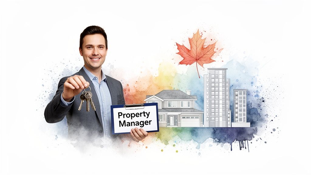 Smiling property manager holding keys and clipboard, with house, apartment buildings, and a maple leaf.