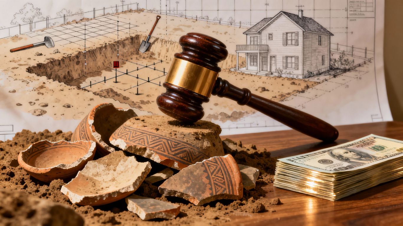 Gavel, money, and ancient artifacts related to real estate fraud.