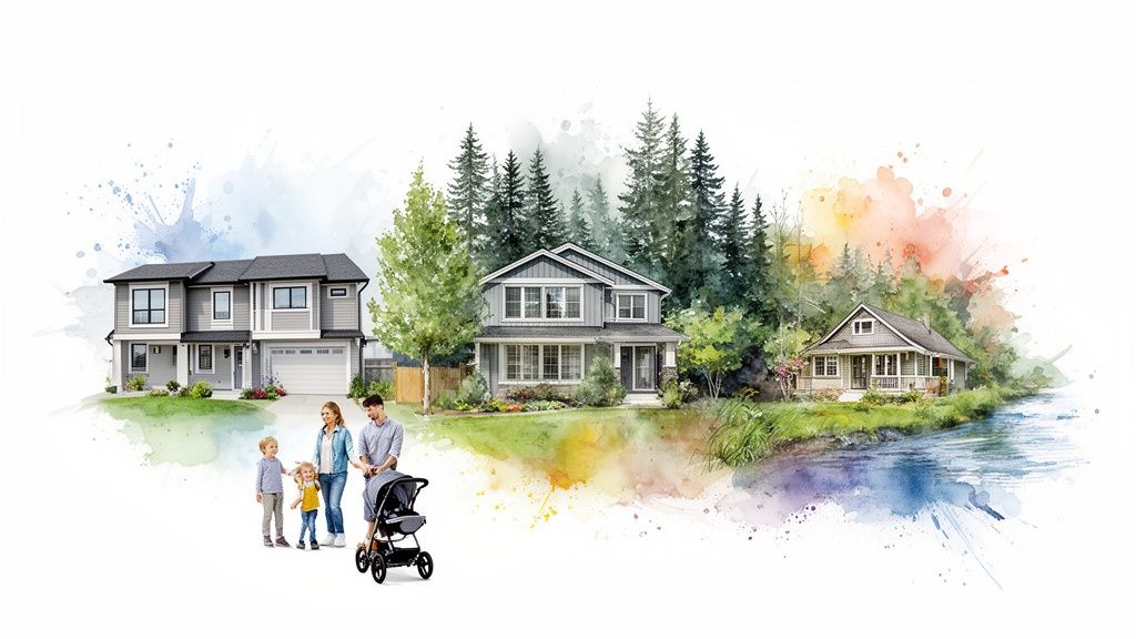 A vibrant watercolor illustration depicts a family with a stroller, three distinct homes, lush trees, and a river.