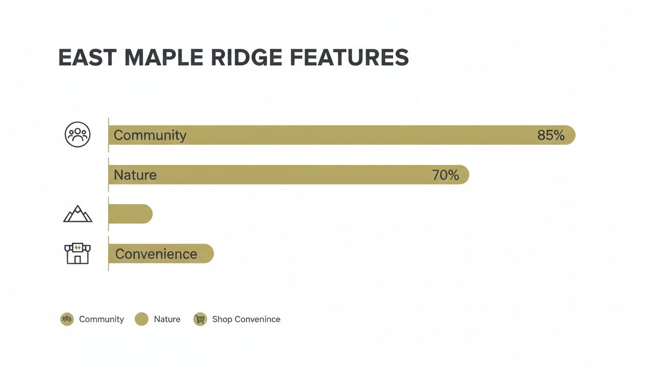 A horizontal bar chart showing East Maple Ridge features, highlighting Community (85%), Nature (70%), and Convenience.