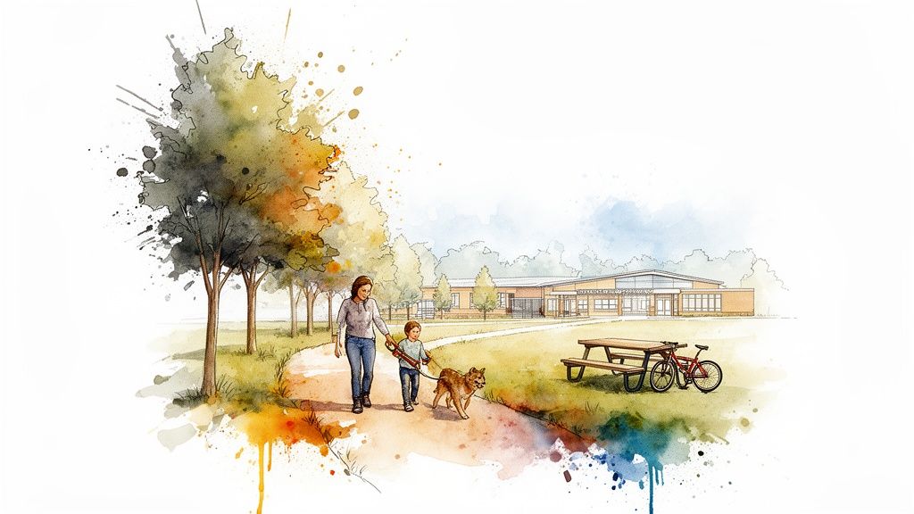 Artistic watercolor shows a woman and child walking a dog past a community center.