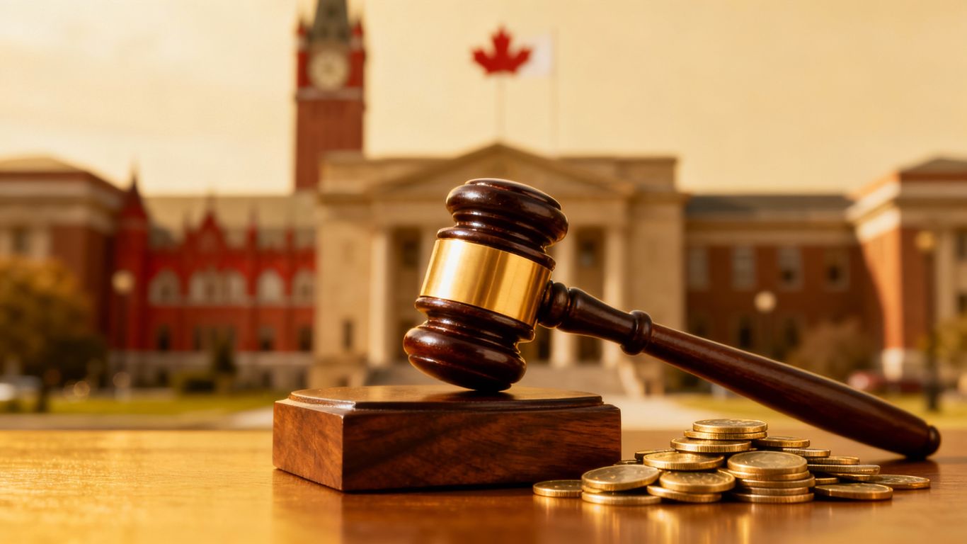 Gavel striking block, coins, courthouse background, legal fine.