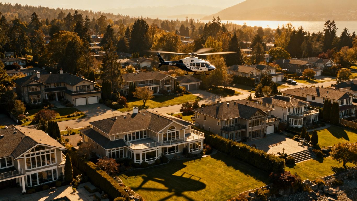 Luxury homes in Metro Vancouver with police helicopter overhead.
