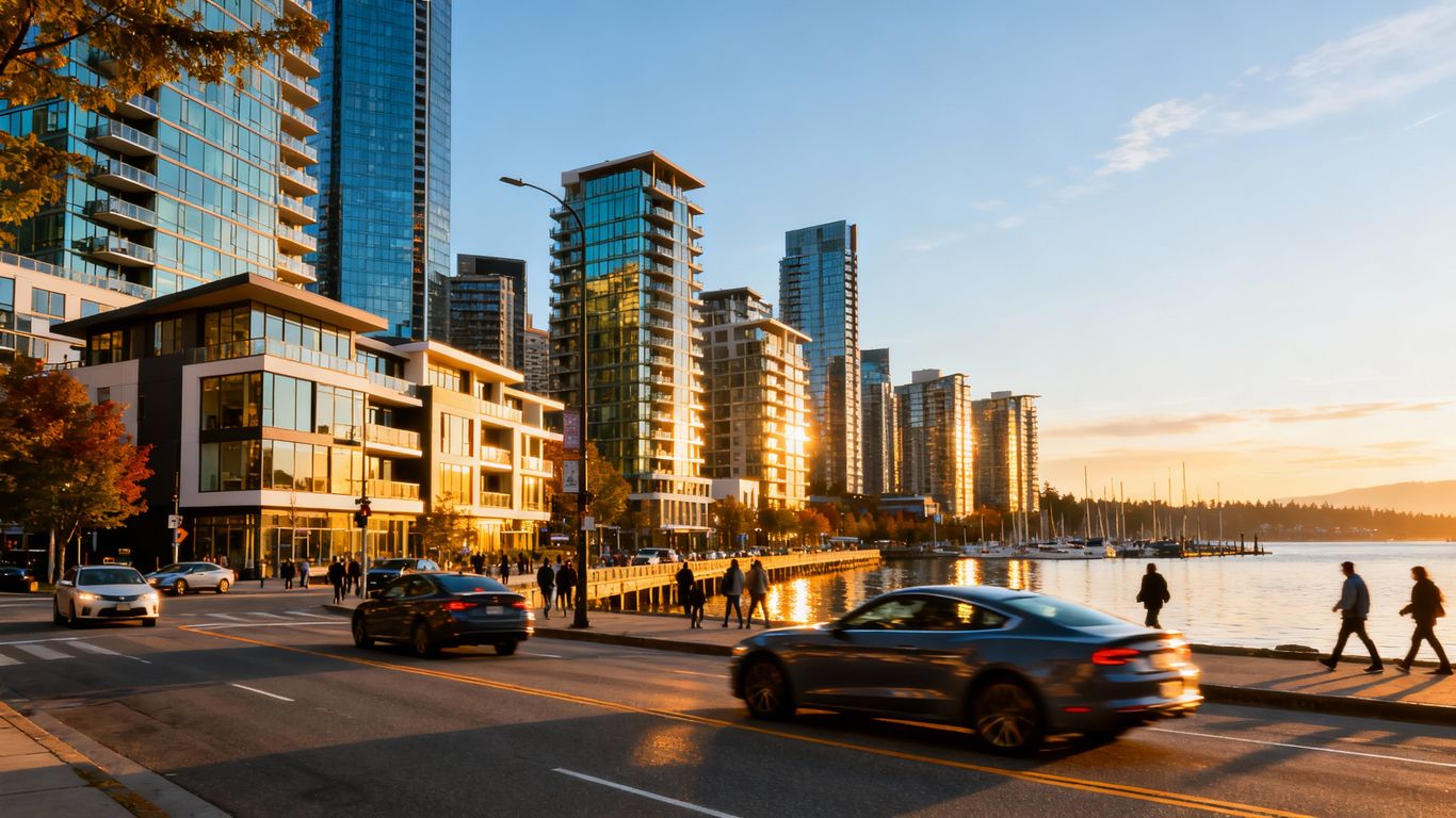 Vancouver cityscape with modern buildings and waterfront.