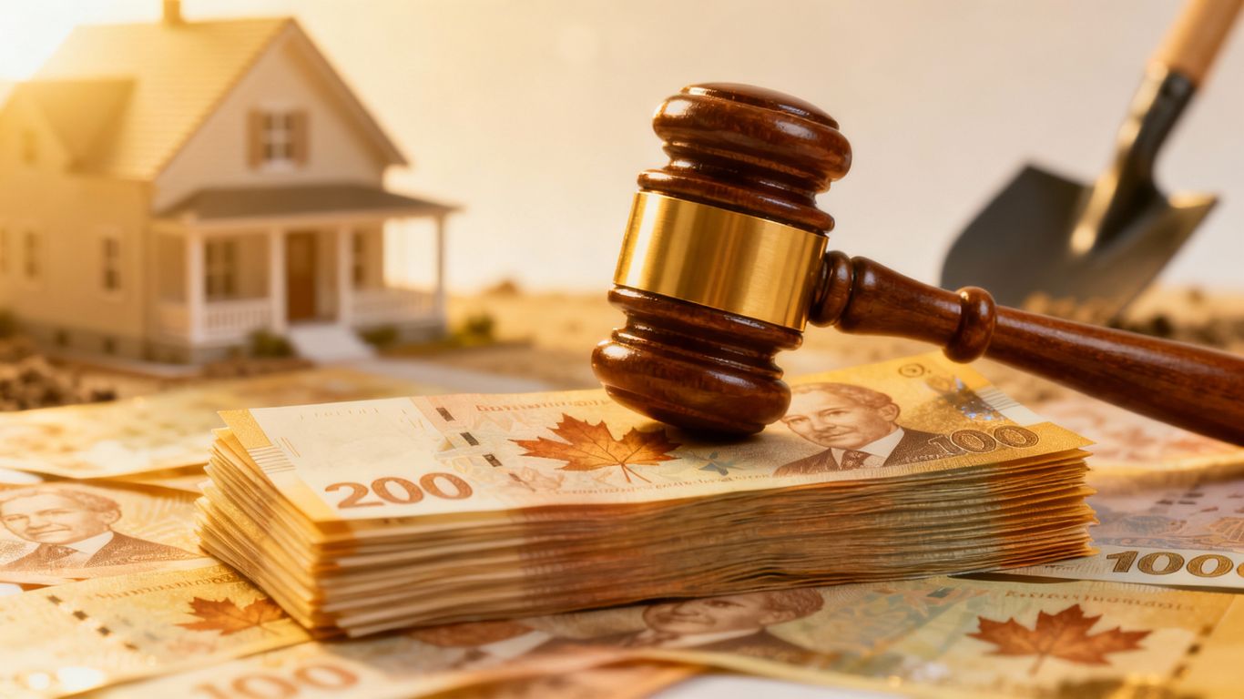 Gavel on money, house, and shovel.