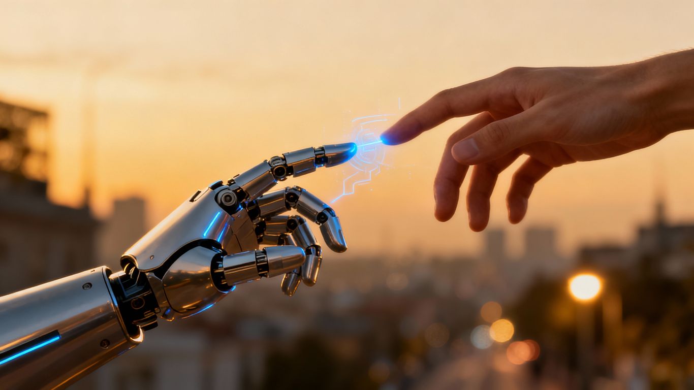 Robot and human hands connecting, digital glow, cityscape background.