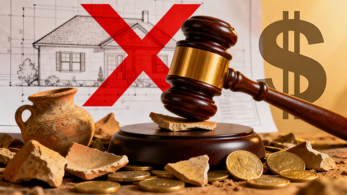 Gavel striking pottery shards near house blueprint and dollar sign.