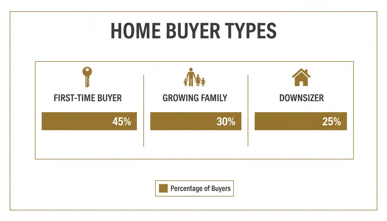 Infographic showing home buyer types: First-Time Buyer (45%), Growing Family (30%), and Downsizer (25%).