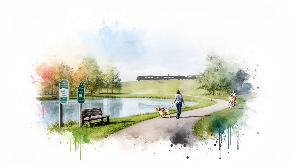 A watercolor painting of a park with a pond, path, people walking a dog and cycling, and a train.