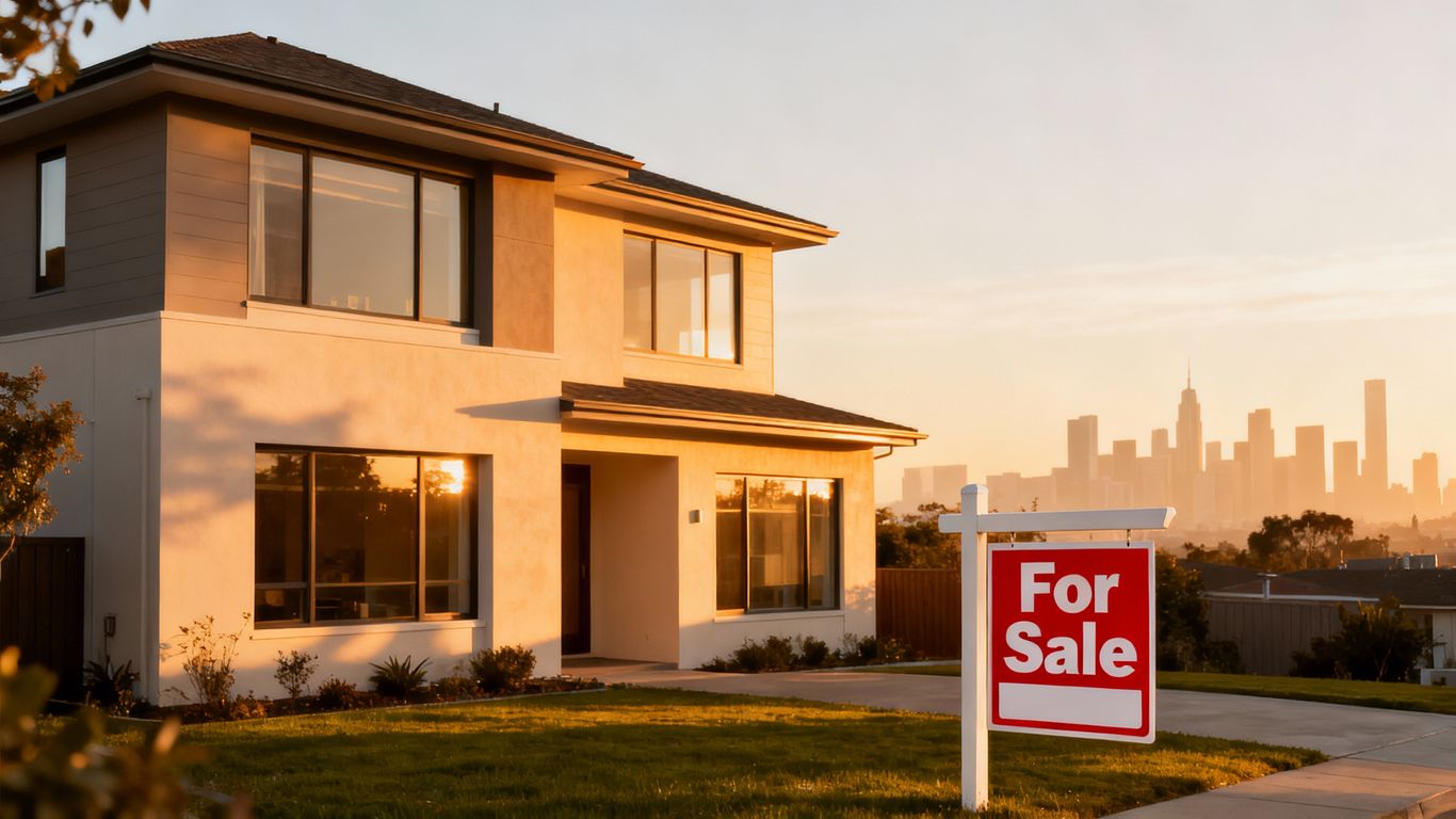 Modern house with a 'For Sale' sign, city skyline background.