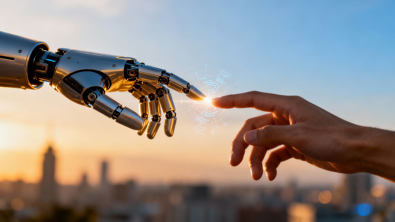 Robot and human hands connecting, digital glow, cityscape background.