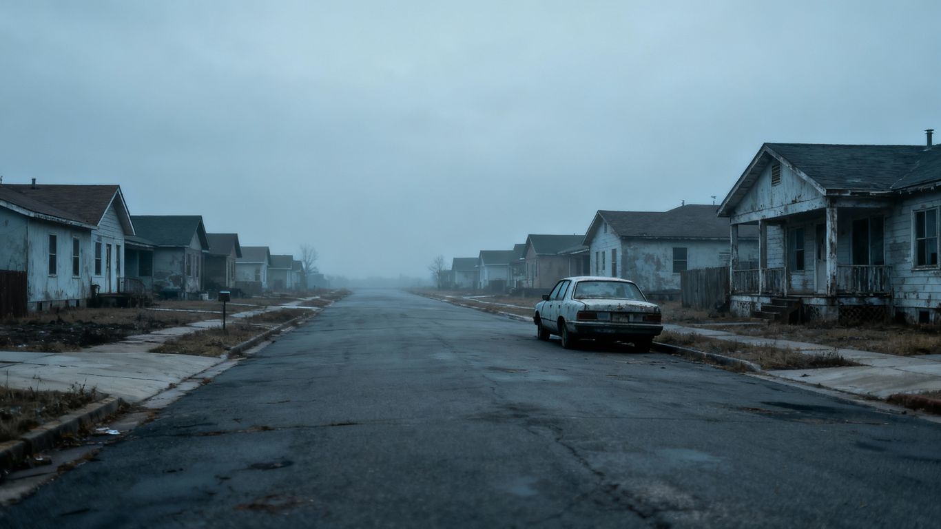 Distant houses on an empty, overcast street.