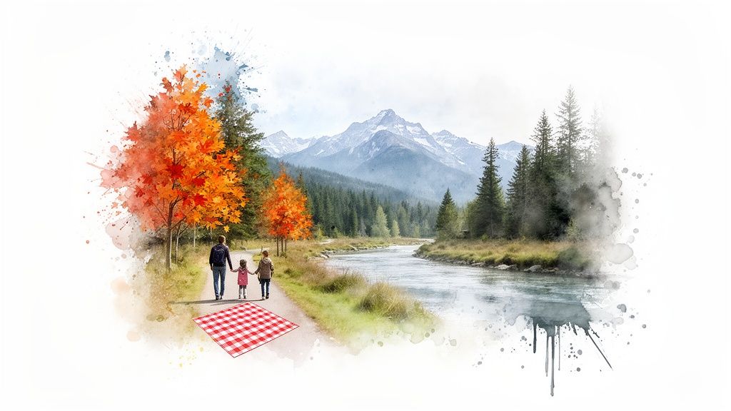 Watercolor painting of a family walking near vibrant autumn trees and a river, with mountains in the background and a picnic blanket on the ground.