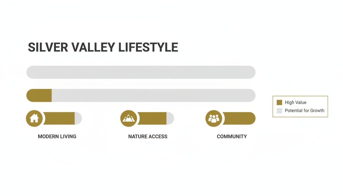 Infographic showing Silver Valley lifestyle with high value in modern living, nature access, and community aspects.
