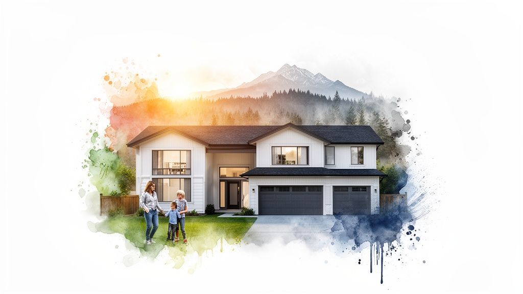 Modern white house with a family, watercolor mountains, and forests in the background.