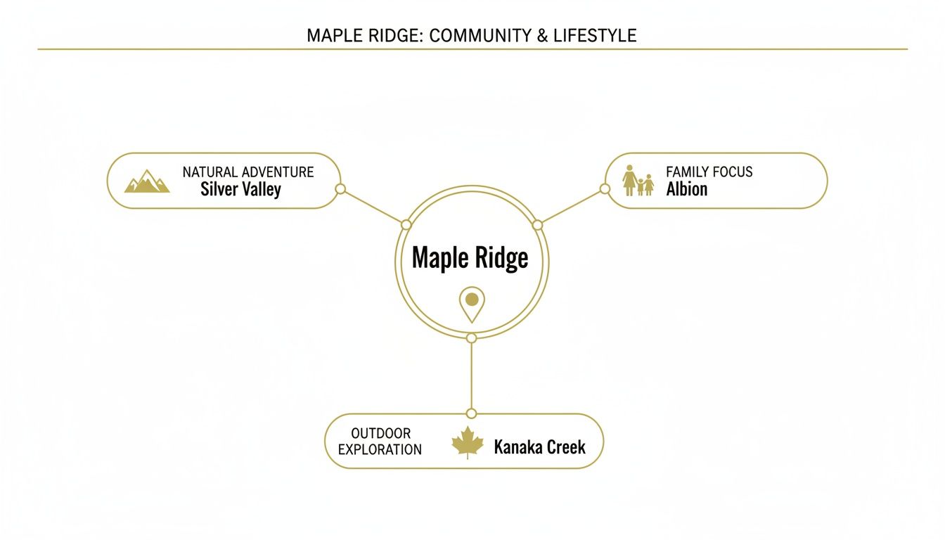 A diagram illustrating Maple Ridge community and lifestyle, highlighting natural adventure, family focus, and outdoor exploration areas.