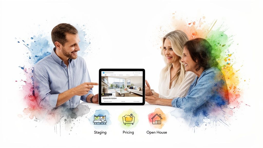 A real estate agent shows a property on a tablet to two women, discussing real estate services.