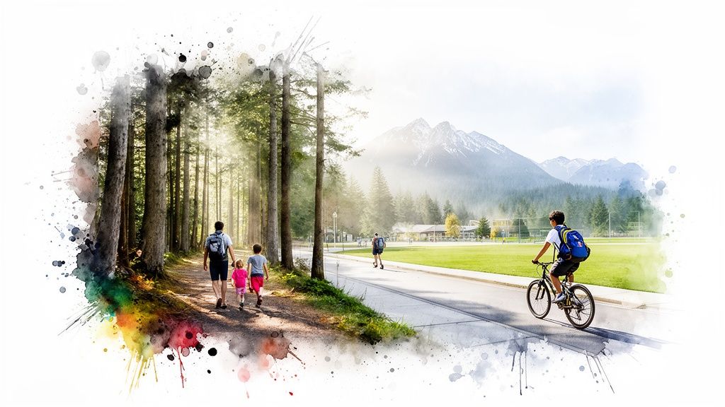 Family hiking in a sunny forest, boy cycling on a road with mountains and fields in the background.