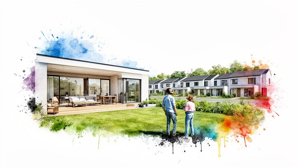 A modern house with a family in the backyard, overlooking a new residential development.