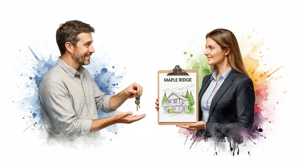 Man hands house keys to a woman holding a clipboard with a 'Maple Ridge' house drawing, symbolizing a real estate transaction.
