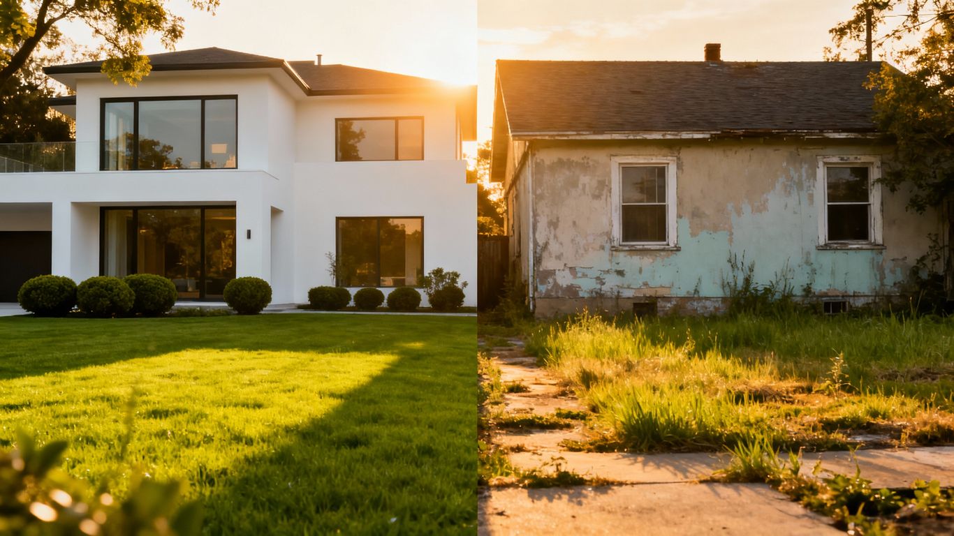 Maple Ridge homes, some modern, some older, showing market contrast.
