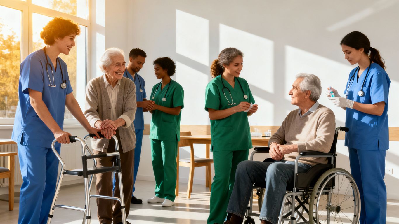 Healthcare workers caring for seniors in a bright facility.