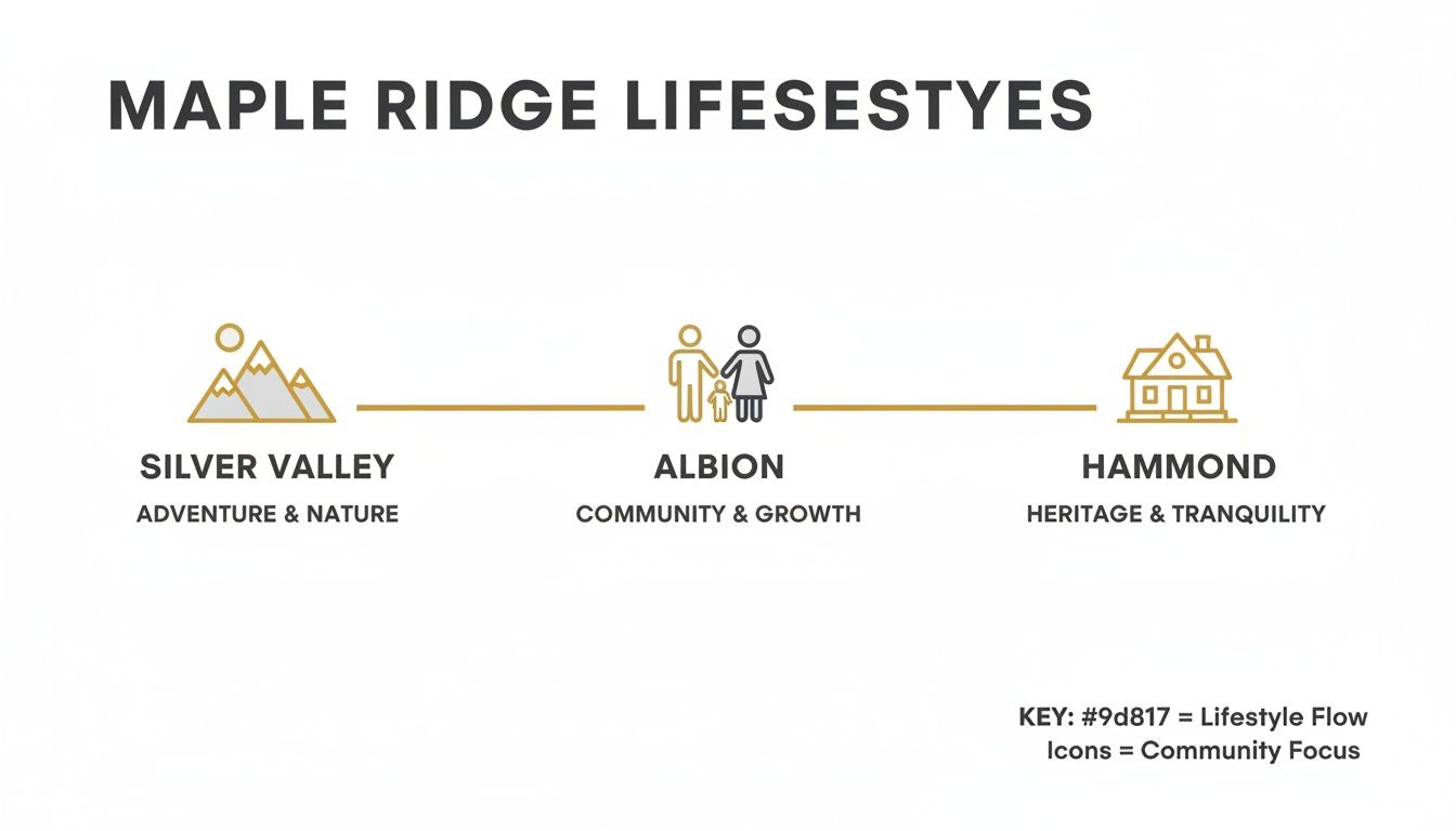 Diagram detailing Maple Ridge lifestyles across Silver Valley, Albion, and Hammond communities with icons and descriptions.