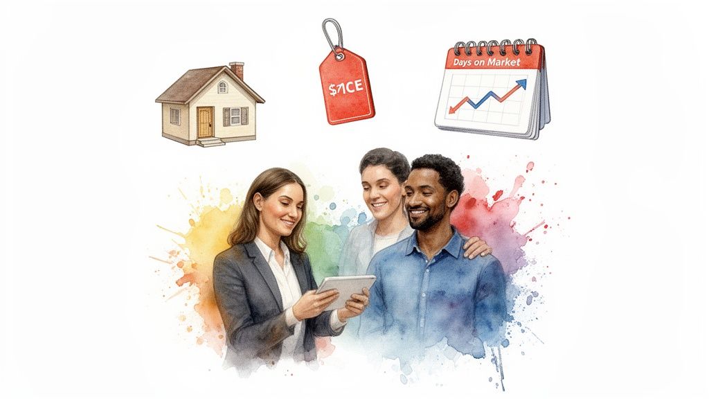 A real estate agent shows a tablet to a smiling couple, with icons for a house, price, and market days.