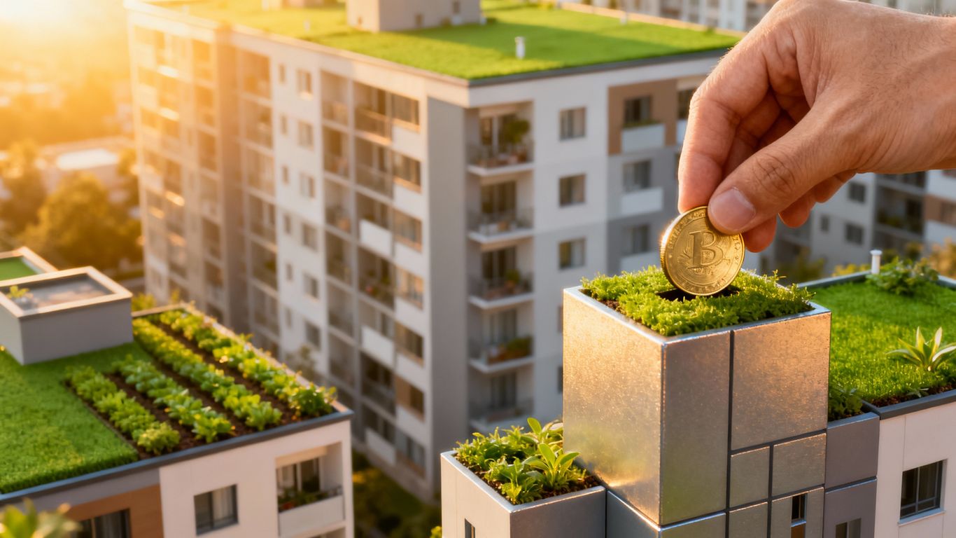 Apartment building and hand placing coin into building block.