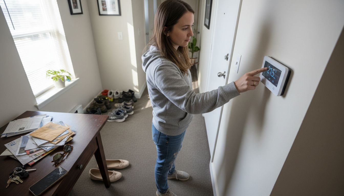 Tenant adjusting smart thermostat in rental hallway