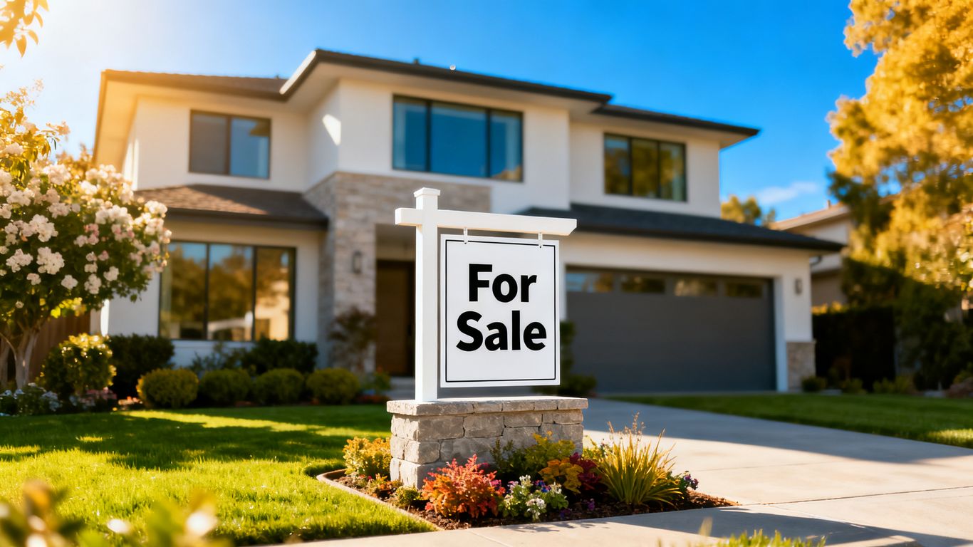 Modern house with 'For Sale' sign, sunny day.