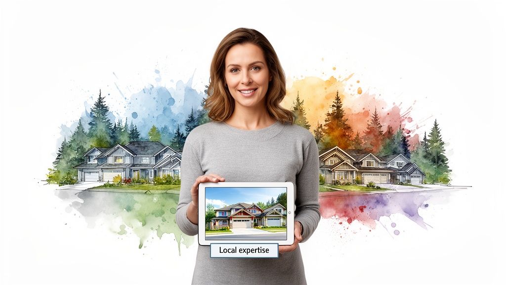 Smiling woman holds a tablet displaying houses, with a watercolor real estate neighborhood background, emphasizing local expertise.
