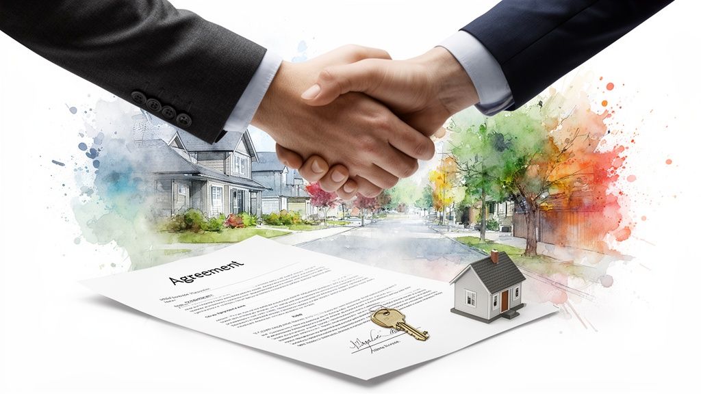 Two hands shaking above a house model, keys, and 'Agreement' document with watercolor houses.