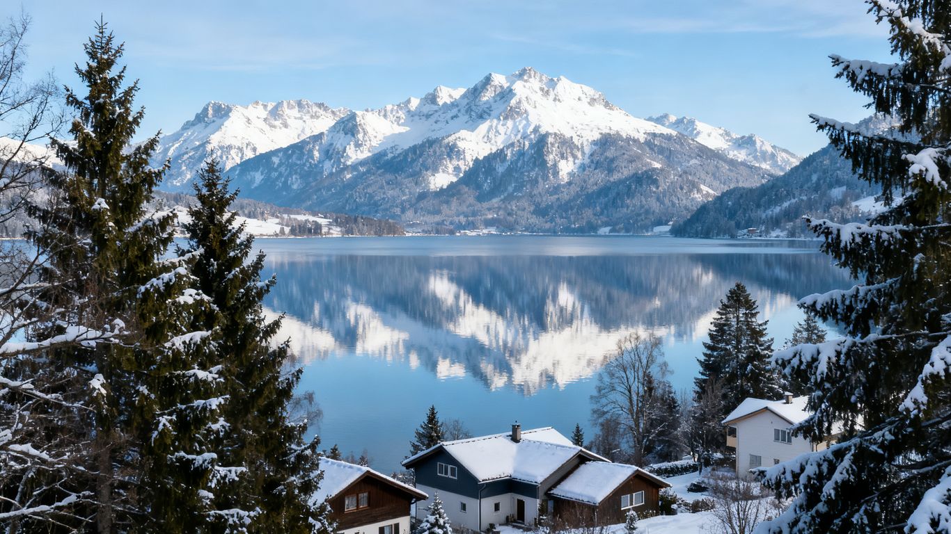 Kootenay landscape with mountains, lake, and houses.