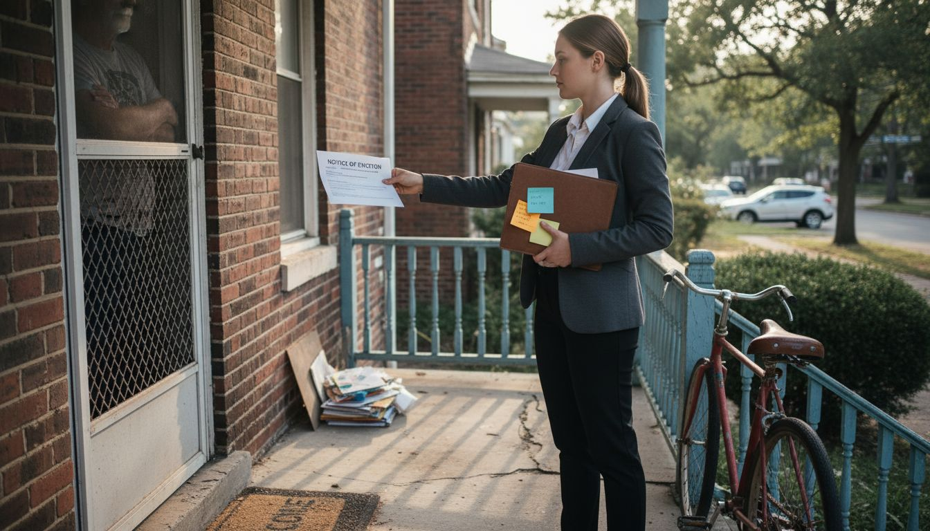 Landlord serving eviction notice at townhouse door