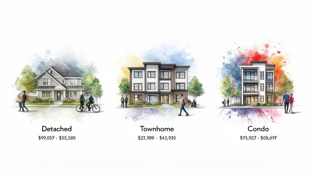 Watercolor illustrations of three home types: detached, townhome, and condo, with price ranges.